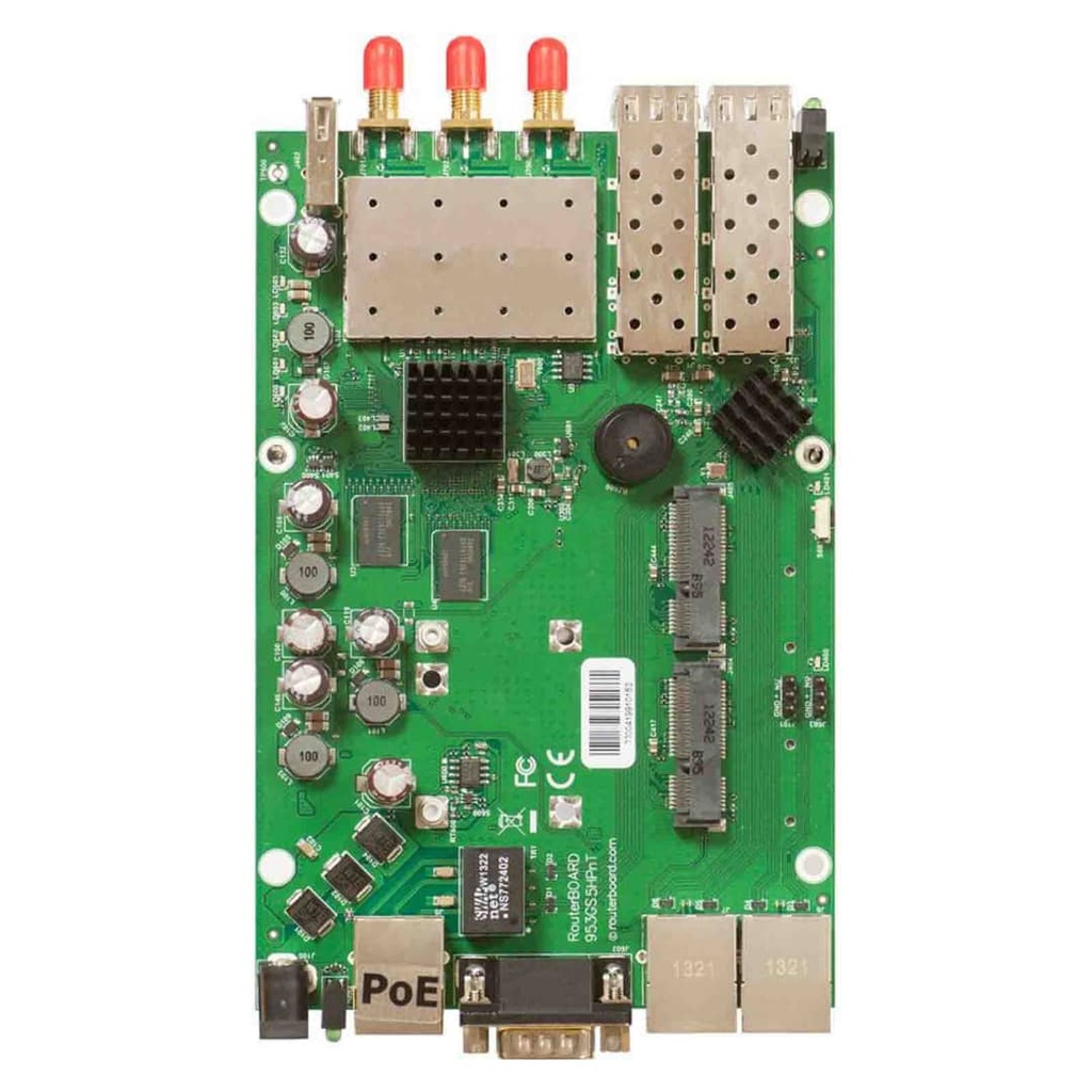 RouterBOARD 953GS-5HnT-RP con CPU de 720MHz, 128MB RAM, 3x LAN Gigabit, 2x SFP, Radio inalámbrica de cadena 5x802 11x3 de 3 GHz incorporada, 3 conectores RPSMA, 2 miniPCI-e, 2 ranuras SIM, RouterOS L5, versión internacional