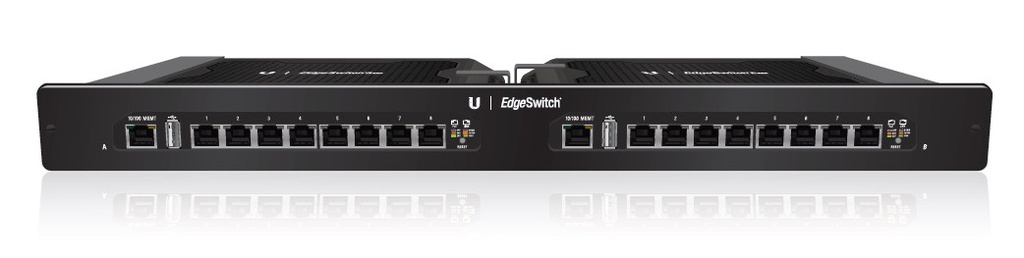[ES-16XP] 16 Puertos Gigabit RJ45 PoE Configuración de Hardware: (2) Dispositivos EdgeSwitch 8XP 8-Puertos PoE pasivo configurable de 24V / 48V