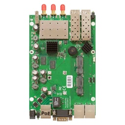 [RB953GS‐5HnT‐RP] RouterBOARD 953GS-5HnT-RP con CPU de 720MHz, 128MB RAM, 3x LAN Gigabit, 2x SFP, Radio inalámbrica de cadena 5x802 11x3 de 3 GHz incorporada, 3 conectores RPSMA, 2 miniPCI-e, 2 ranuras SIM, RouterOS L5, versión internacional